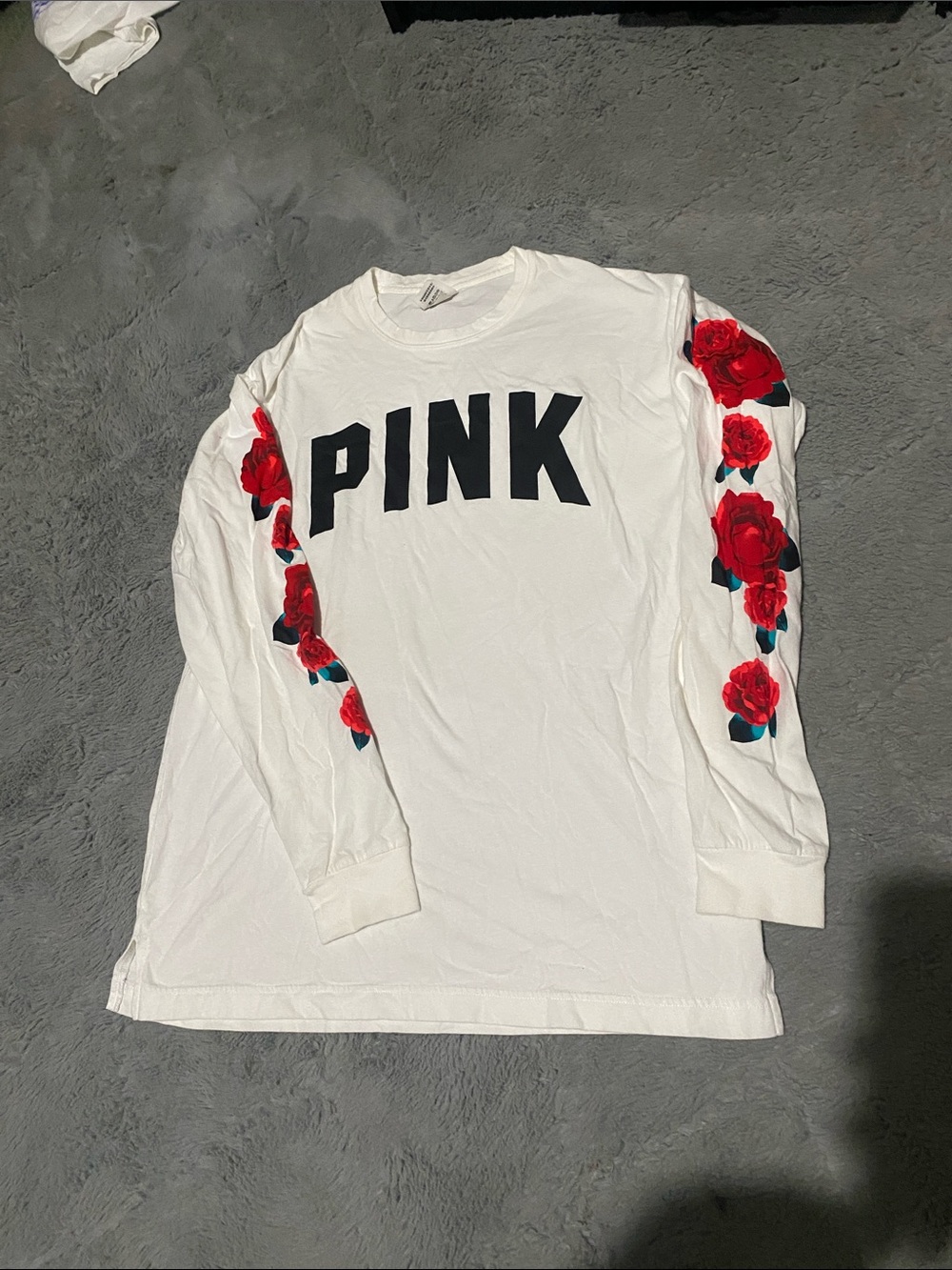 PINK Victoria's Secret White Long-Sleeve Tee with Red Rose Sleeve Print